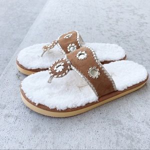 Jack Rogers “Jack’s Slippers” Faux Fur Fuzzy Tan Brown Sandals Ecru